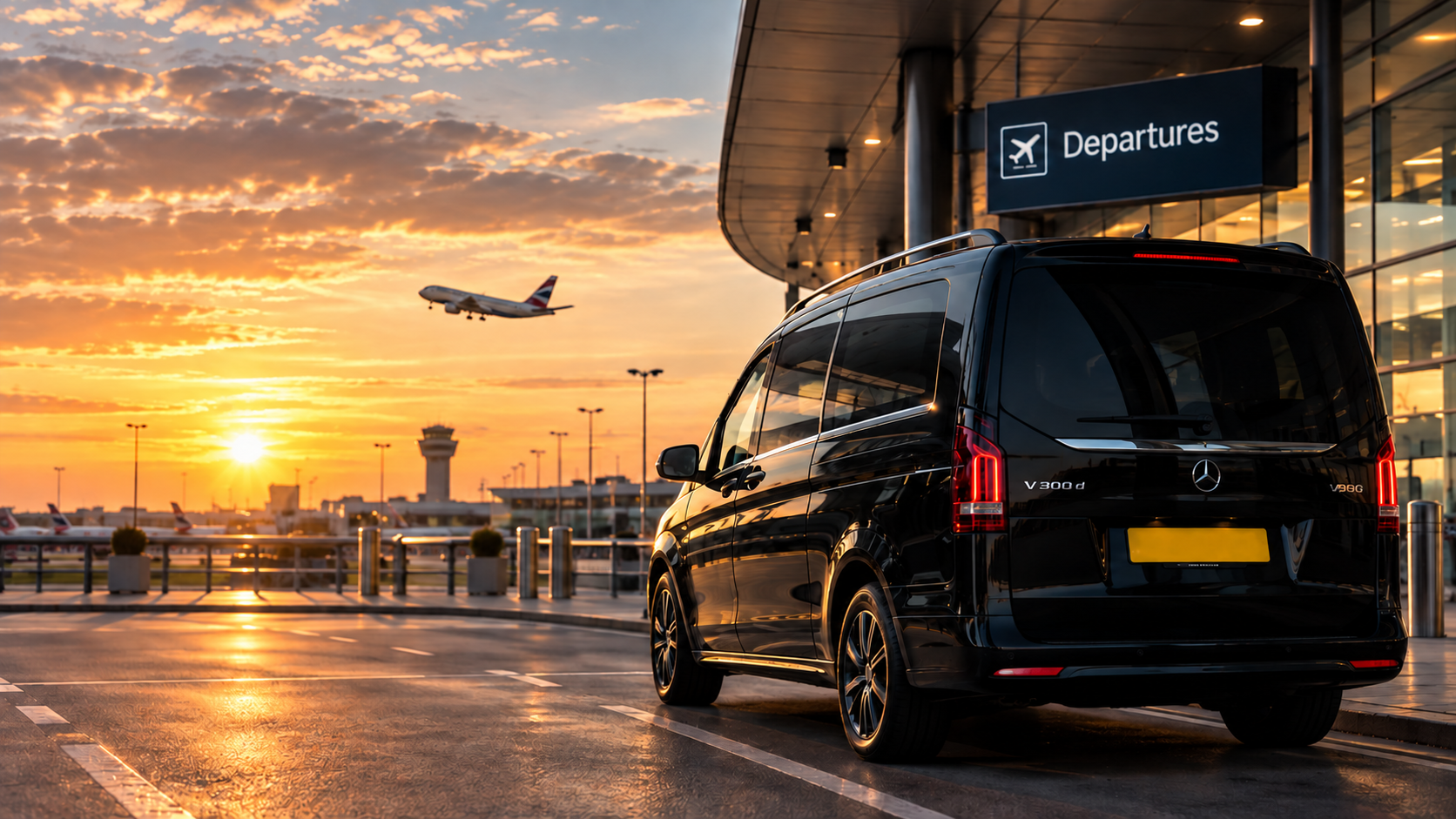 Airport transfer van at a departures terminal at sunset